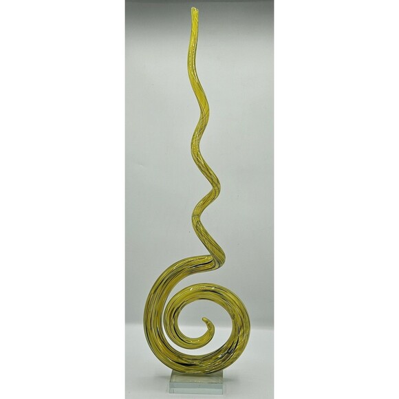 Murano Style Art 21" Glass Spiral Sculpture in Yellow Swirl Pattern With Base - Picture 2 of 11